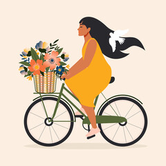 A happy girl, in a yellow dress and a white dove in her hair, rides an urban green bicycle with a bouquet of spring flowers in a basket. 
