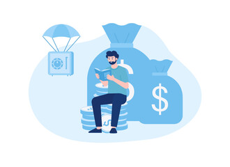 a man sitting on a stack of coins with a bag of money in the background concept flat illustration