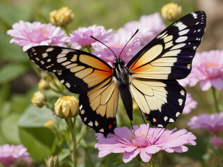 Fototapeta na wymiar Papillon multicolore sur une fleur.