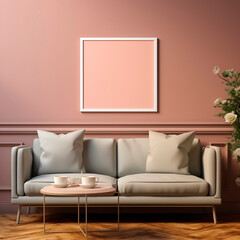 Mockup for a pink interior, an empty painting on the wall above an armchair in a minimalist setting. Cozy room design with furniture