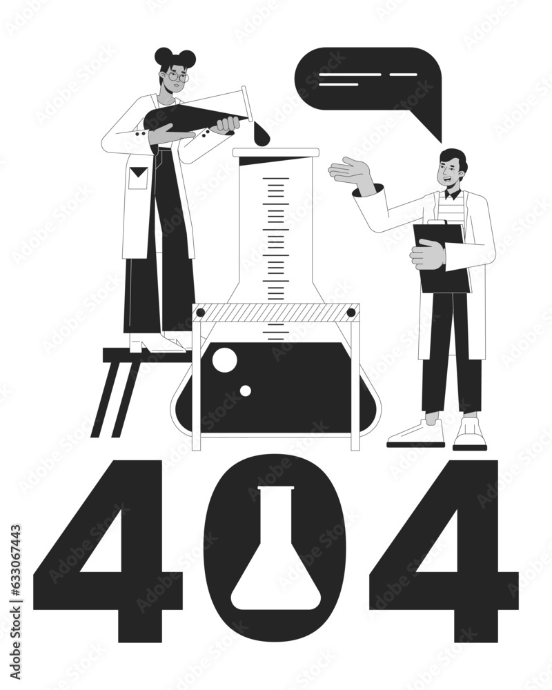 Poster science experiment black white error 404 flash message. pouring liquid to flask. monochrome empty st