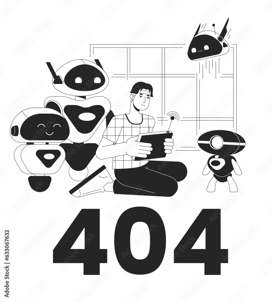 Poster robotic scientist laboratory black white error 404 flash message. testing android. ai technology. mo