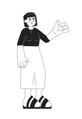 Cheerful asian woman monochromatic flat vector character. Editable full body person in midi skirt and bob hairstyle on white. Simple bw cartoon spot image for web graphic design