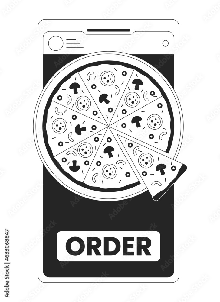 Poster order pizza by smartphone bw concept vector spot illustration. using gadget for buying food 2d carto