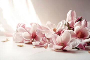 Naklejka na ściany i meble Beautiful light pink magnolia flowers in soft light. Spring floral background. Generative AI