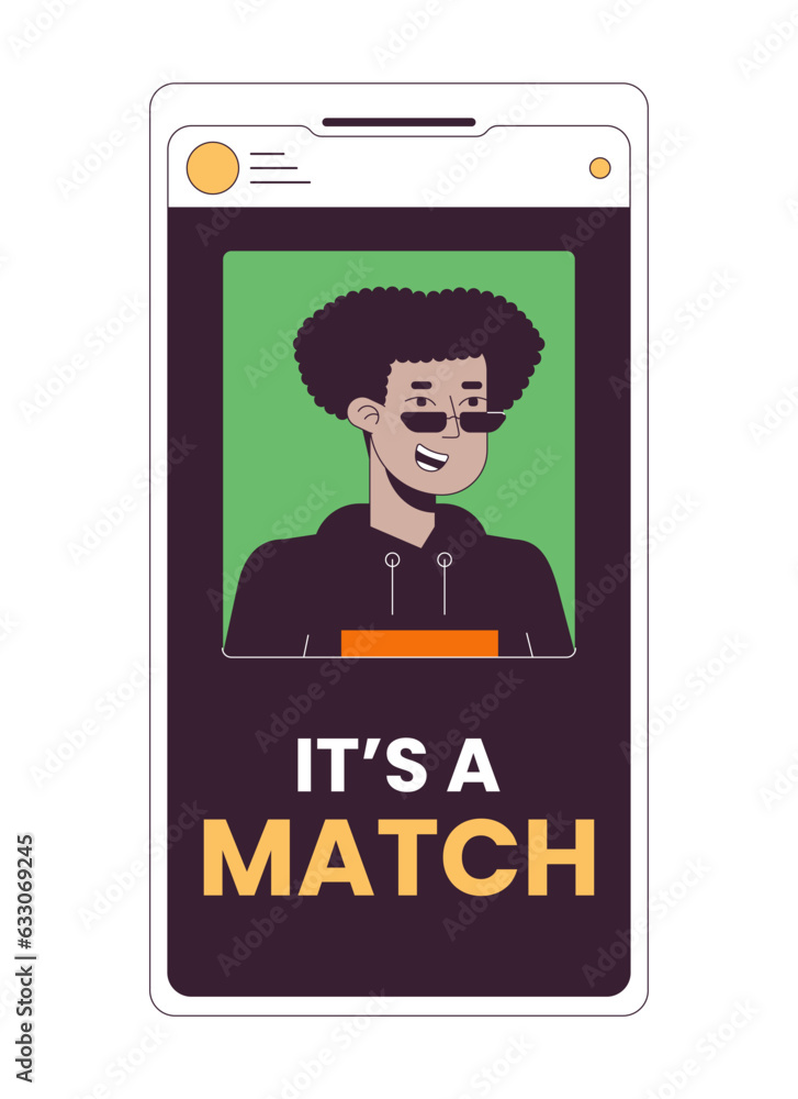 Poster online dating app on smartphone flat line concept vector spot illustration. smiling man on phone scr