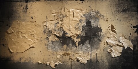 Torn, crumpled, and shredded cardboard on a vintage black paper poster. Surface is aged, scraped, and worn. Textured Collage Distressed Overlay
