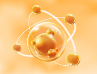Moisturizer molecule or cosmetic serum oil, skin care vitamin bubble, molecules swirl orbit on orange background. Illustration 3d vector file