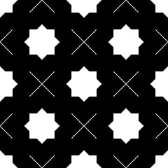 Seamless surface pattern design with Moroccan stars and crosses tiles ornament. Oriental traditional ornamentation with repeated geometric shapes. Ancient mosaic wallpaper. Grid motif. Digital paper.