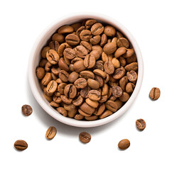 Fototapeta premium roasted coffee beans in white bowl isolated, top view