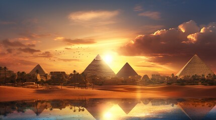 Sunset Majesty: Cairo's Golden Pyramids Illuminate Fantasy Egyptian Landscape - obrazy, fototapety, plakaty