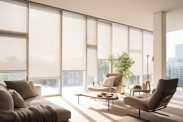 The room features roller blinds as part of the interior design, creating a backdrop. The window is decorated with automatic solar shades in larger dimensions. The fabric used has a linen texture