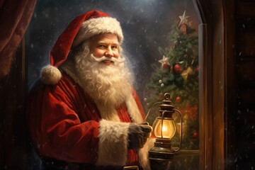 Santa Claus looking into the camera with traditional background and smiling . He is wishing Merry...