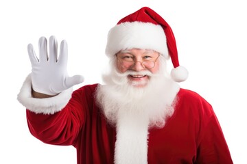 Hello! Ho-ho Happy elderly man with gray beard wearing santa claus costume raising palm to wave hi, greeting with hospitable friendly smile. Indoor studio shot isolated on white background. Christmas 