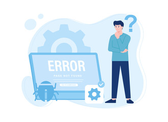 a man standing next to a laptop with a error sign on it concept flat illustration