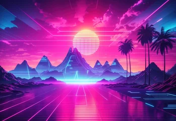Poster Roze Synthwave retro futuristic landscape, laser grid background