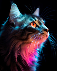 Mystical portrait of a cat with colorful fluffy fur for home decor generated using AI.