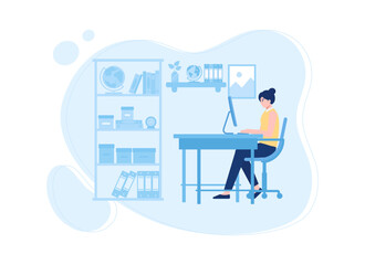 A woman in the study sitting on a chair with a computer concept flat illustration
