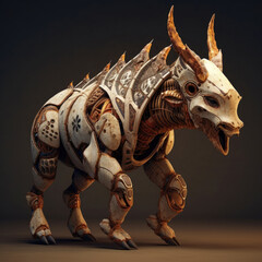 3d rendering of a fantasy animal made of wood on a dark background
