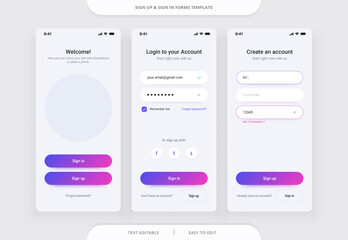 Sign Up and Sign In forms. Registration and login and password forms page for mobile app. Vector template.