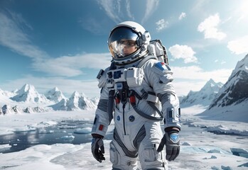 Scene of an astronaut standing on an unknown icy planet with a breathtaking landscape. The astronaut is wearing a futuristic space suit with a helmet