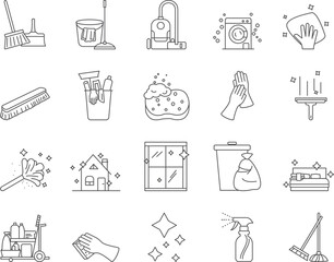 House Cleaning Icons Set. Broom, Dustpan, Vacuum cleaner. Editable Stroke. Simple Icons Vector Collection