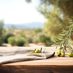  A delicate olive tree branch with mature olives, placed next to a wooden table.The branch is full of life, with green leaves and graceful olives,