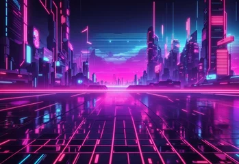 Fotobehang Retro cyberpunk style background. Sci-Fi background. Neon light grid landscapes © Alief Shop