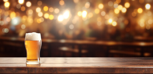 Empty wooden table top with Glass of light beer on the defocused background with bokeh lights blurred backdrop of street cafe and beer pub.