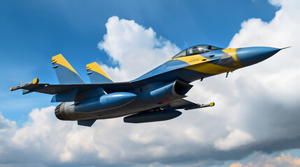 Ukrainian F16 military fighter with the flag of ukraine in blue and yellow, flies through the blue sky and clouds.