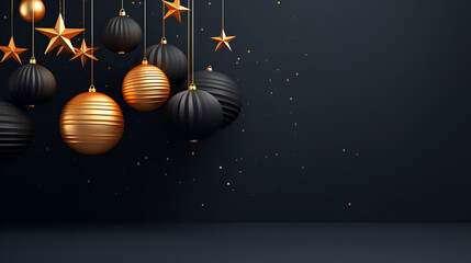 Christmas and New Year minimalistic background. Golden and black Glass Balls hanging on ribbon on black background with copy space for text. The concept of Christmas and New Year holidays
