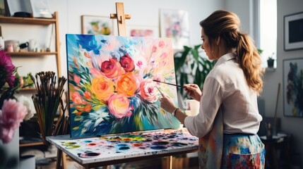 A painter in her studio lost in her creative process as she applies colorful strokes to a large canvas. Generative AI