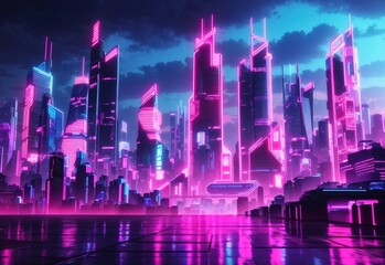Pink and blue neon lights on a city full of skyscrapers. neo-noir pink and blue city full of skyscrapers. cyberpunk style dark city with pink and blue gradient neon lights