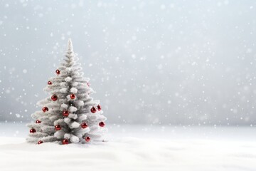 Beautiful  white Christmas tree on snow  with fairy lights and festive decor on white background with copy space 
