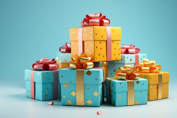 Obraz premium Set of colorful gift boxes with bows and ribbons Isolated in blue background with copy space . Presents waiting for holiday, Christmas or birthday or New Year.