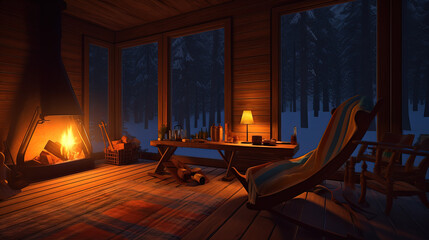 Cozy Cottage at night in the snow forest. Generative AI - obrazy, fototapety, plakaty