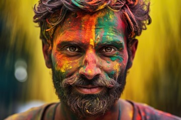 Portrait of a beautiful happy indian man playing holi . Face covered in Holi colors with a beautiful blue sky in background, India travel . Copy space for graphics and text.