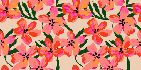 Hand drawn flowers, seamless patterns with floral for fabric, textiles, clothing, wrapping paper, cover, banner, interior decor, abstract backgrounds.
