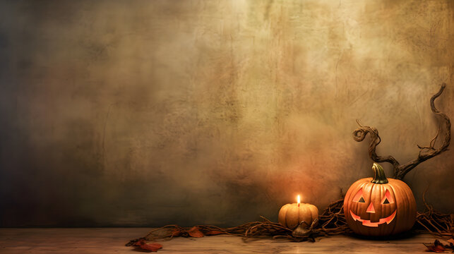 Illuminated Halloween pumpkin next to a candle. Spooky image. Copy space, space on the left. Wallpaper Jack o lantern. All saints day.