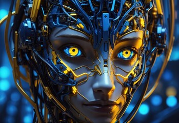 Humanoid head with blue and yellow eyes and vibrant neon neural network, representing futuristic technology
