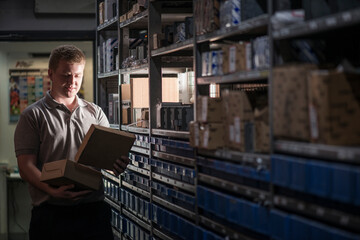 Mechanic gathering parts from shelf