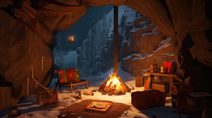 Best Cozy cave inside snow forest. Perfect warm cave. Generative AI