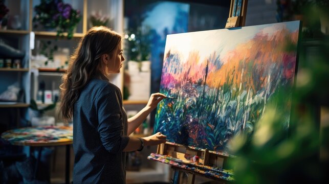 A painter in her studio lost in her creative process as she applies colorful strokes to a large canvas. Generative AI