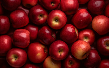 Top view of bright ripe fragrant red apples background