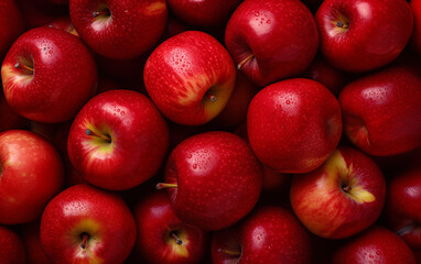 Top view of bright ripe fragrant red apples background