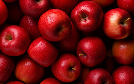 Top view of bright ripe fragrant red apples background