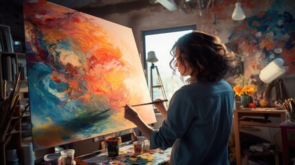 Obraz premium A painter in her studio lost in her creative process as she applies colorful strokes to a large canvas. Generative AI