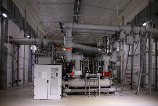 A gas insulated switchgear(GIS) in control building for extra high voltage electrical power substation. Sulfur hexafluoride used in the electrical industry as a gaseous dielectric.