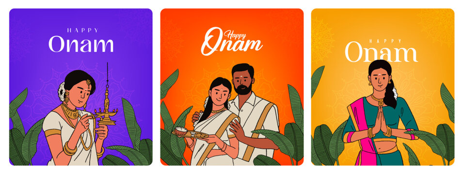 Happy Onam celebration with editable vector elements illustration of south Indian people and social media post design template set design. 