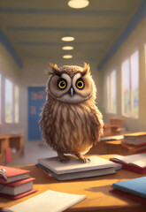 owl in school hall sitting on books symbol of wisdom
